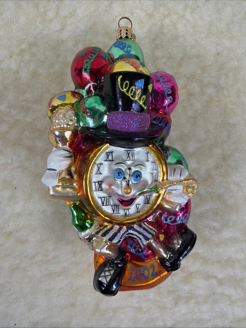 Vintage Christopher Radko New Year Clock Glass Ornament Time to Party 2002